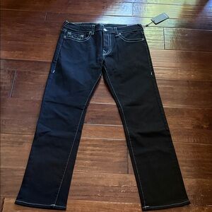 NWT TRUE RELIGION RICKY Men's Black Jeans, contrast stitching,no flap, 36 x32